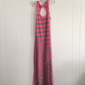 Pink and gray striped maxi dress